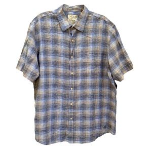Tasso Elba Island Linen Blend Blue Brown Plaid Shirt Tropical Coastal Nautical